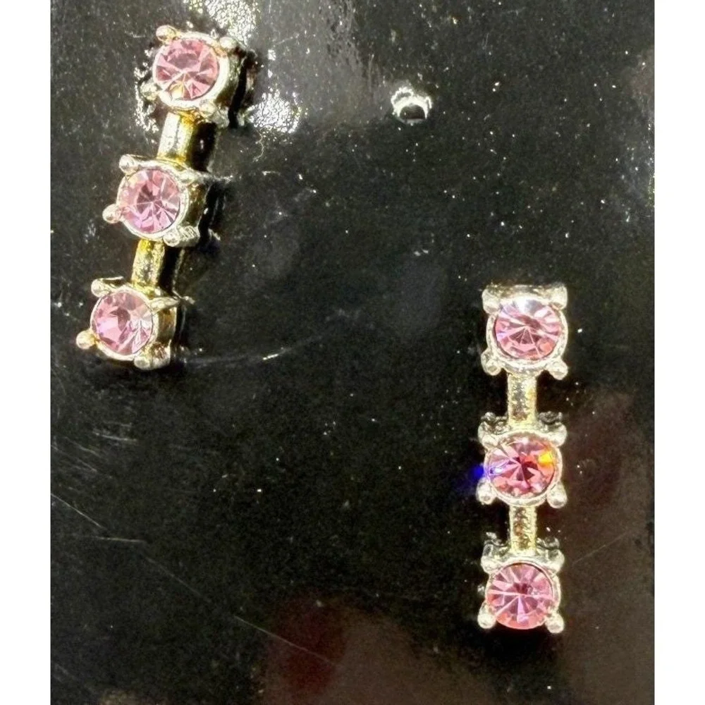 October Birthstone Stud Earrings Pink Rhinestone Silver Tone NOS NWT